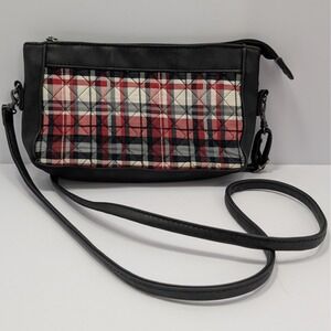 Donna Sharp Plaid Crossbody Bag Red Gray Black Tartan Faux Leather Trim 8.5"